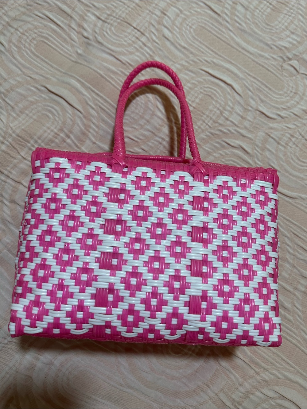 Mini Pink Woven Handbag with Top Handles